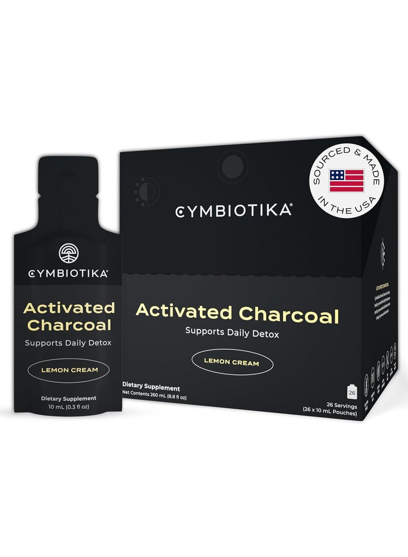 CYMBIOTIKA Activated Charcoal Liquid Supplement from Coconuts for Powerful Gut Health & Digestive Support, Reduces Bloating, Helps Detox, Vitamin E, Vegan, Lemon Cream Flavor, 26 Pack - Image 1